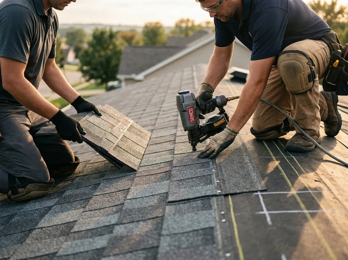 Professional roofer working on a residential roof in Grafton